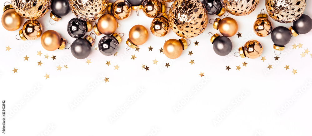 Wall mural christmas white minimalistic background. shining gold and gray balls and confetti border