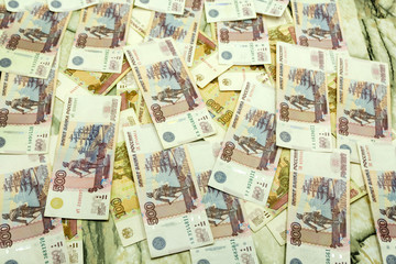 Abstract background of money pile 500 russian rouble bills. Studio photography.