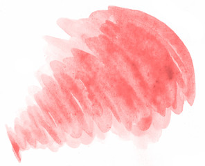 Light red, pink watercolor hand-drawn isolated wash stain on white background for text, design. Abstract texture made by brush for banner, label.