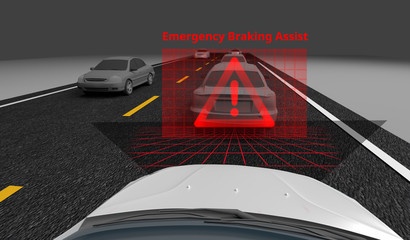 Emergency Braking Assist (EBA) sysyem to avoid car crash concept. Smart Car technology, 3D rendering image.