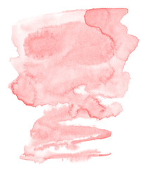Light red, pink watercolor hand-drawn isolated wash stain on white background for text, design. Abstract texture made by brush for banner, label.