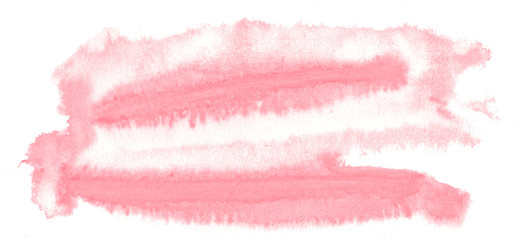 Light red, pink watercolor hand-drawn isolated wash stain on white background for text, design. Abstract texture made by brush for banner, label.