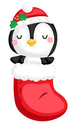 a vector of a penguin inside a Christmas sock
