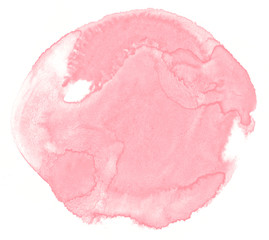 Light red, pink watercolor hand-drawn isolated wash stain on white background for text, design. Abstract texture made by brush for banner, label.