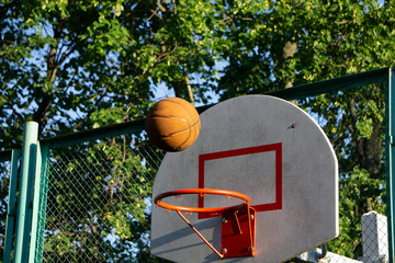 Motion basketball in air over hoop victory win,