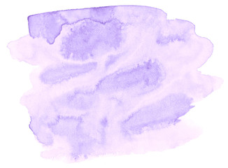 Lilac pastel watercolor hand-drawn isolated wash stain on white background for text, design. Abstract texture made by brush for wallpaper, label.