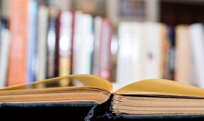 Opened old book at the library, books in row on the blured background, space for text.