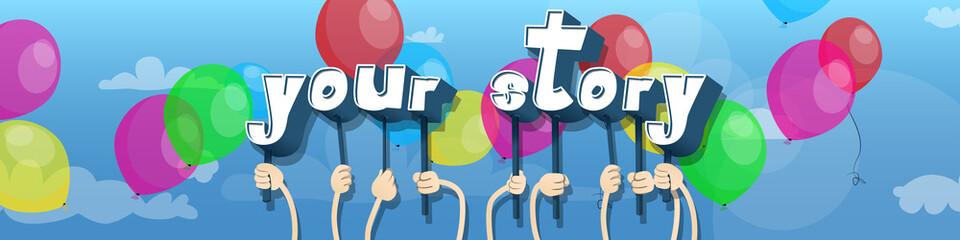 Diverse hands holding letters of the alphabet created the word Your Story. Vector illustration.