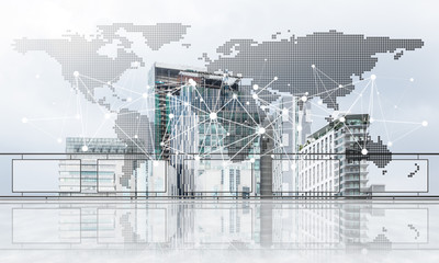 Concept of global communication and networking with world map over cityscape