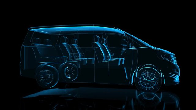 Minivan. Black and blue shine Formation of Model Big Truck 360 Degree Rotating. 4k x-ray animation auto.
