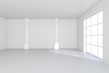 Window in white room with a bright light. 3D rendering.