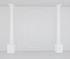 White columns in an empty interior with a classic decor on the wall.