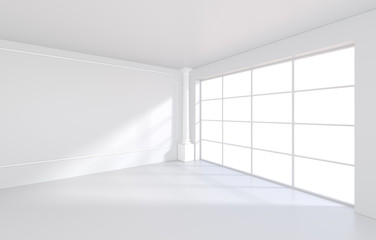 Fototapeta na wymiar Light scattered light falling from the window into the white room. 3D rendering.
