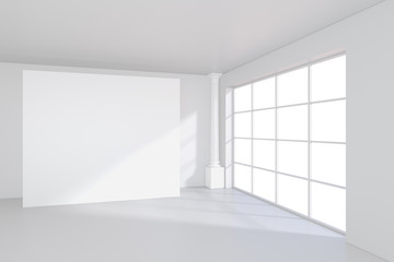 White billboard standing near a window in a white room. 3D rendering.