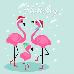 Cute holiday card with flamingo family.