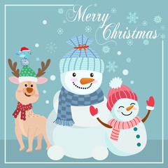 Cute snowman and deer on blue background christmas card