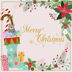  christmas card design sock and gift with flowers plant
