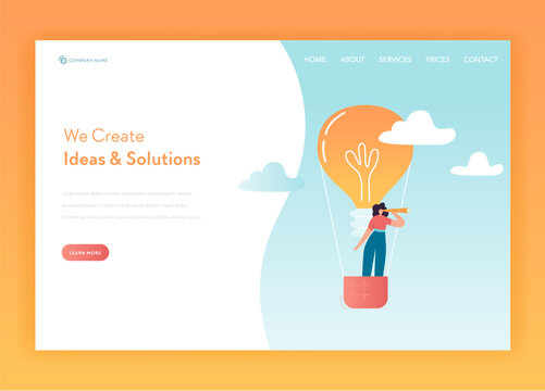Creative Idea and Business Solutions Landing Page Template. Brainstorming and Innovation Concept with Business Woman Character and Light Bulb for Web Page and Website. Vector illustration