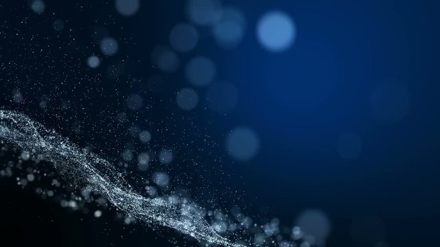 Seamless loop,blue background, digital signature with wave particles, sparkle, veil and space with depth of field. The particles are white light lines.
