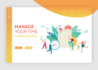 Time Management, Planning, Teamwork Landing Page Template. Business Strategy Concept with Characters Team Working Website or Web Page. Easy to Edit. Vector illustration