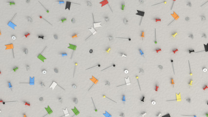 Pattern from colorful push pins on white background