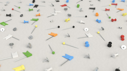 Pattern from colorful push pins on white background