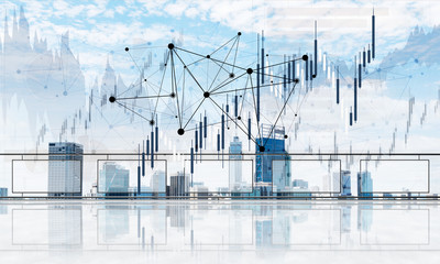 Concept of global communication and networking with world map over cityscape
