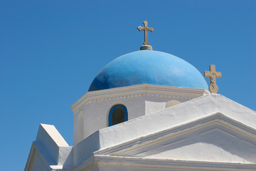 Roof detail of Blue-Domed Greek Orthodox Churches in Mykonos, Greece