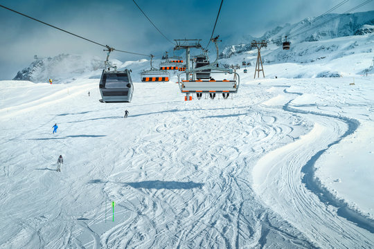 Spectacular ski slopes with cable cars in French Alpes, Europe