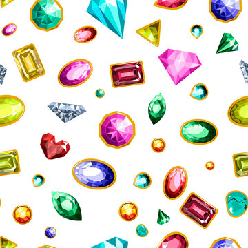 Gems and diamonds, precious stones seamless pattern vector.