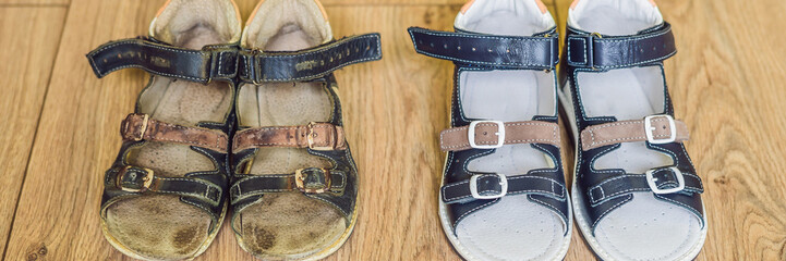 Old and new children's orthopedic shoes. Thomas Heel, arch support BANNER, long format
