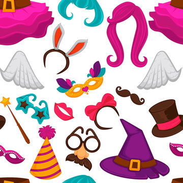 Carnival masks and costume accessories seamless pattern.