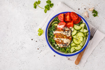Vegan bean cutlet with vegetable salad and tahini dressing. Plant based diet concept.