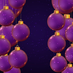 Fototapeta na wymiar Christmas balls in violet color on dark blue