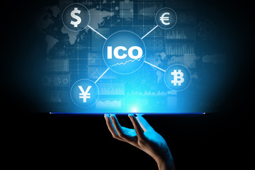 ICO - Initial coin offering, Fintech, Financial and cryptocurrency trading concept on virtual screen. Business and technology.