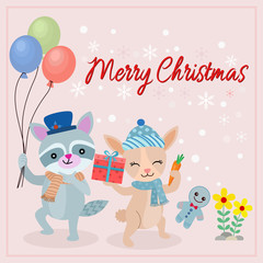 Raccoon and rabbit in winter christmas card