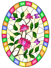 Illustration in stained glass style with flowers  , leaves of pink rose and purple butterflies on the yellow background,oval picture frame in bright