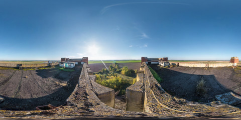 Aerial full spherical seamless panorama 360 degrees angle view with roof concrete abandoned...