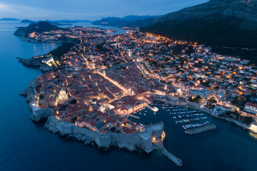 view of the old Dubrovnik from the air at dusk