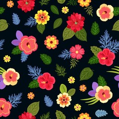 Beautiful exotic flowers isolated on black background. Seamless ditsy floral pattern with bright tropical plants.