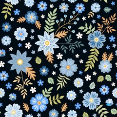 Seamless ditsy floral pattern with blue flowers on black background. Fashion print for fabric. Vector illustration.