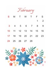 February. Vector calendar template for 2019 year with beautiful composition of embroidery flowers. Week start on sunday.