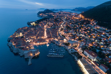 view of the old Dubrovnik from the air at dusk