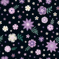 Embroidery seamless pattern with ultra violet and white flowers.