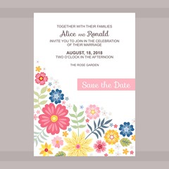 Wedding invitation. Save the date. Cute card with place for text and bright flowers. Vector template.