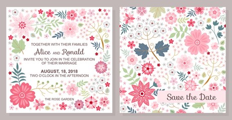 Wedding invitation. Save the date. Vector template with cute pink flowers. Romantic cards.