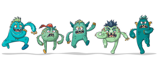 Five running crazy monsters on white background