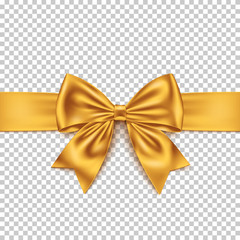 Realistic yellow gift bow and ribbon isolated on transparent background. 