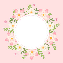 Fototapeta na wymiar Floral greeting card and invitation template for wedding or birthday anniversary, Vector shape of text box label and frame, Pink flowers wreath ivy style with branch and leaves.