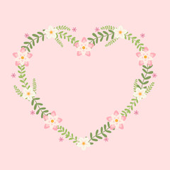 Floral greeting card and invitation template for wedding or birthday anniversary, Vector shape of text box label and frame, Pink flowers wreath ivy style with branch and leaves.